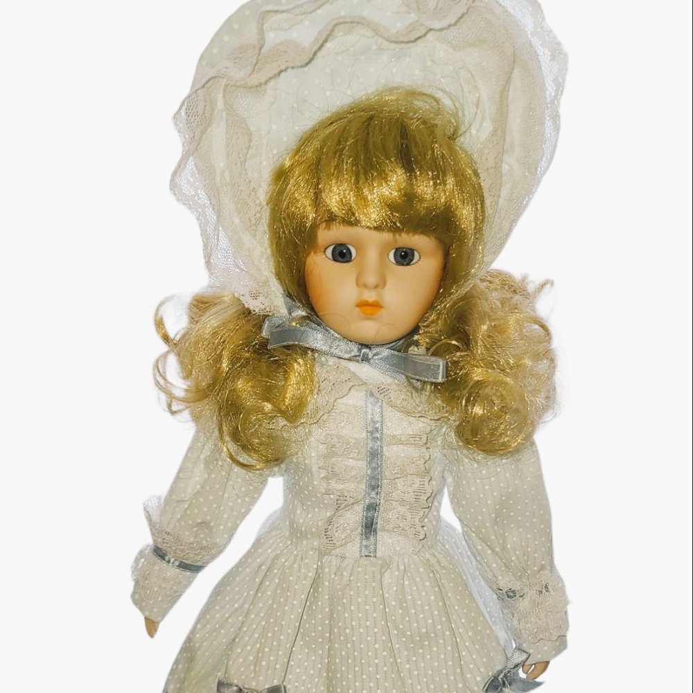 Baby Blue Bonnet Girl 14" Collectible Porcelain Doll 1980s ANCO Merchandise